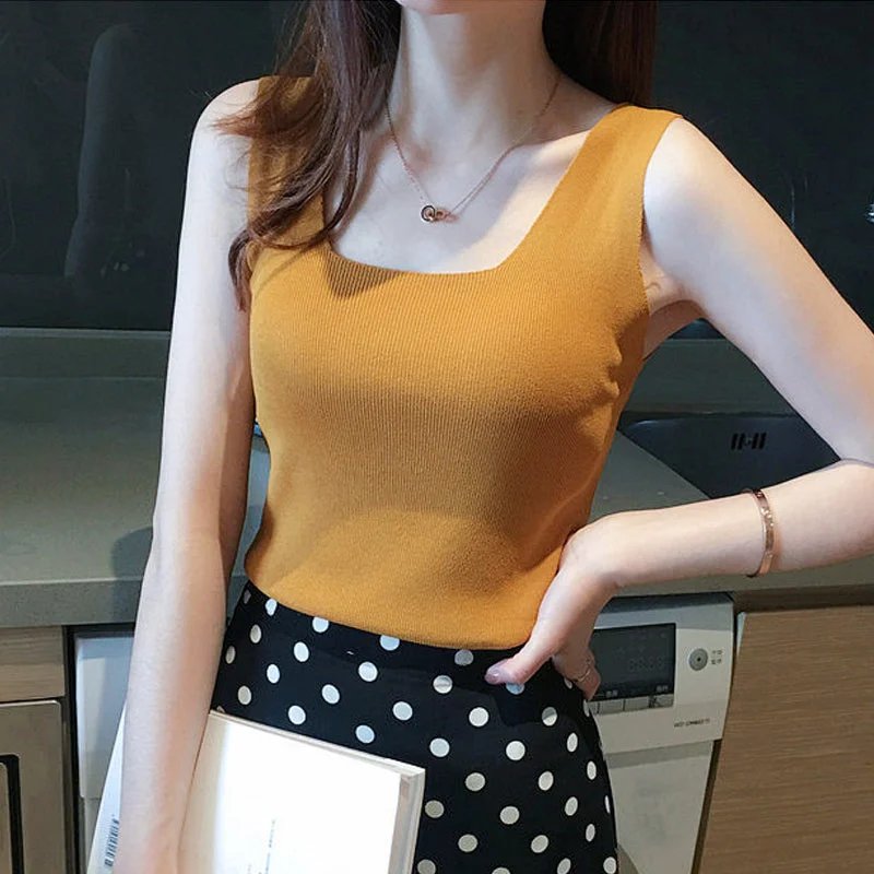 OUTZIDR Yellow Square Neck Wide Strapped Tank Top